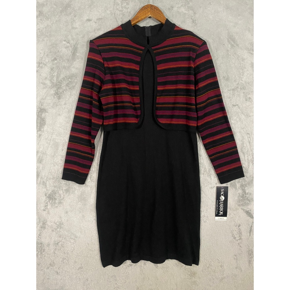 Sag Harbor Sweater Dress Women PL Black Striped Bolero Overlay VTG 90s Office